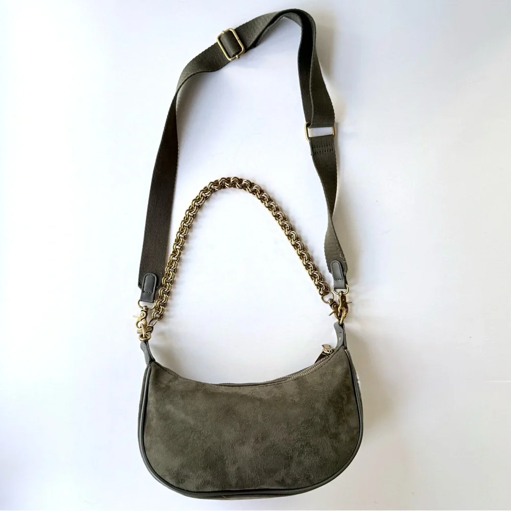 House of Harlow 1960 Valerie Crossbody Green Faux Suede Double Zip Shoulder Bag